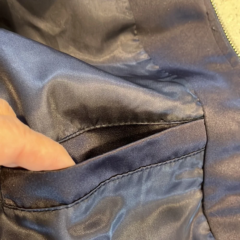 ESCALIER SATIN BOMBER JACKET WITH BIRD DETAIL NAVY BLUE WHITE SIZE SMALL